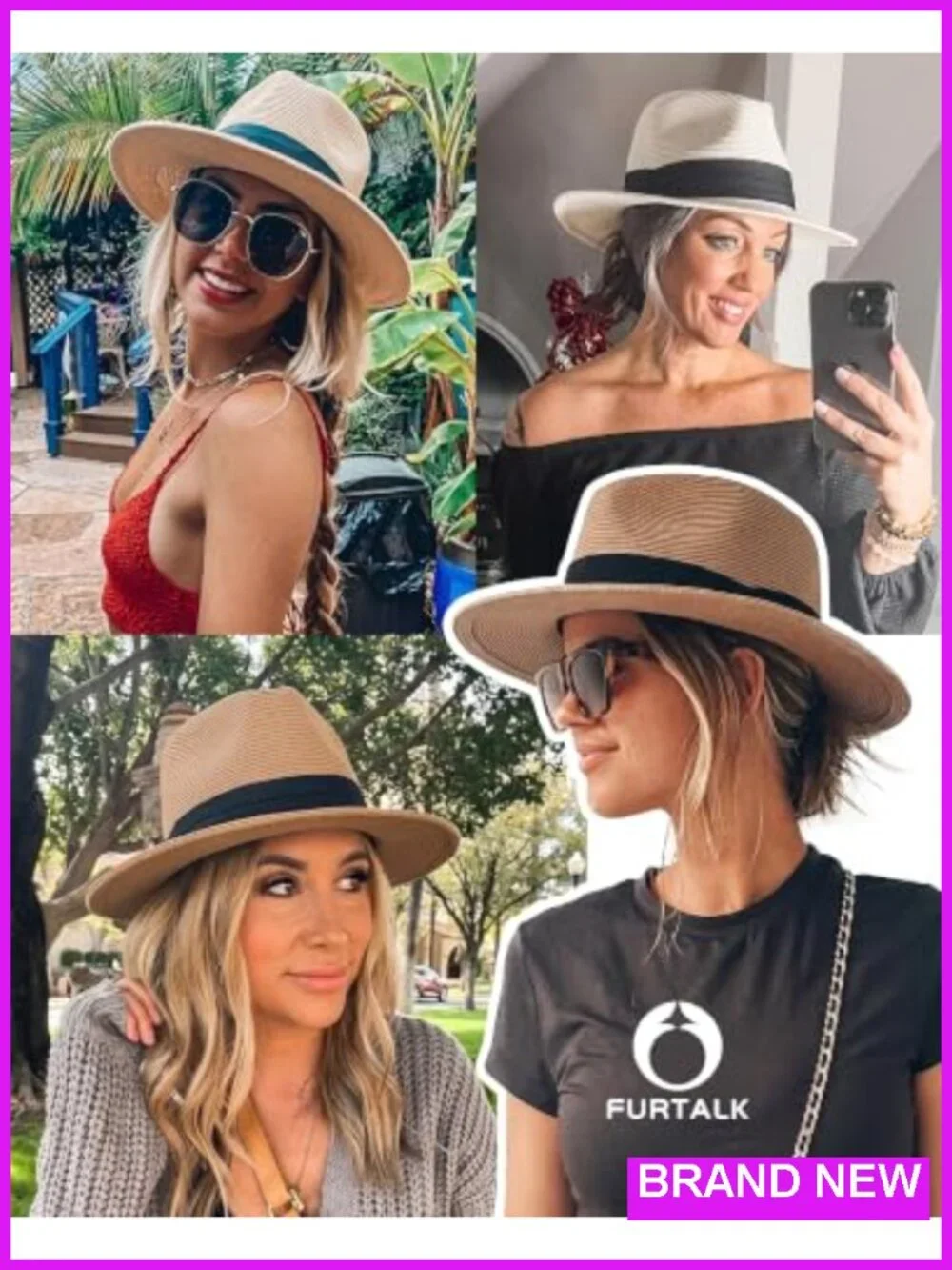 Wide Brim Straw Panama Hat Fedora Summer Beach Sun Hat UPF Protection